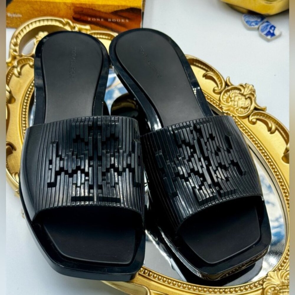 🆕 TORY BURCH 🧿 BNWOB Double T PVC Kitten Heel Slides, Black - Sz 7